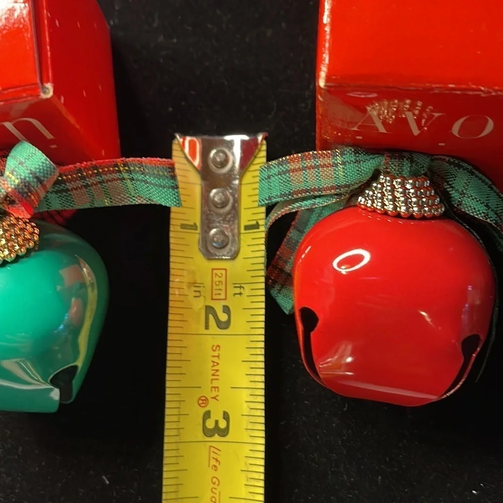 Set of 2 (1 red/1 green)Avon Vintage Pretty Sleigh Bell Ornaments w/plaid ribbon